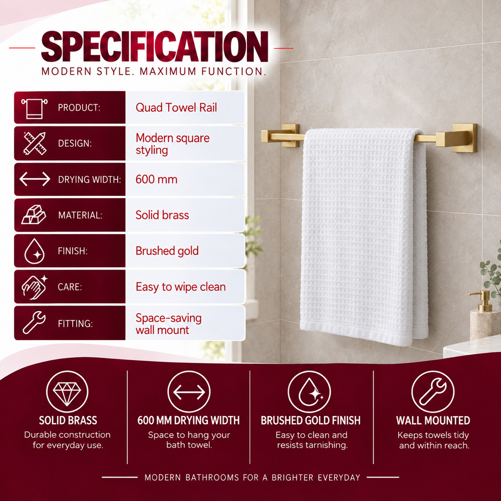 Go Bathrooms Froma Brushed Gold Wall Mounted Towel Rail 600mm Image 4