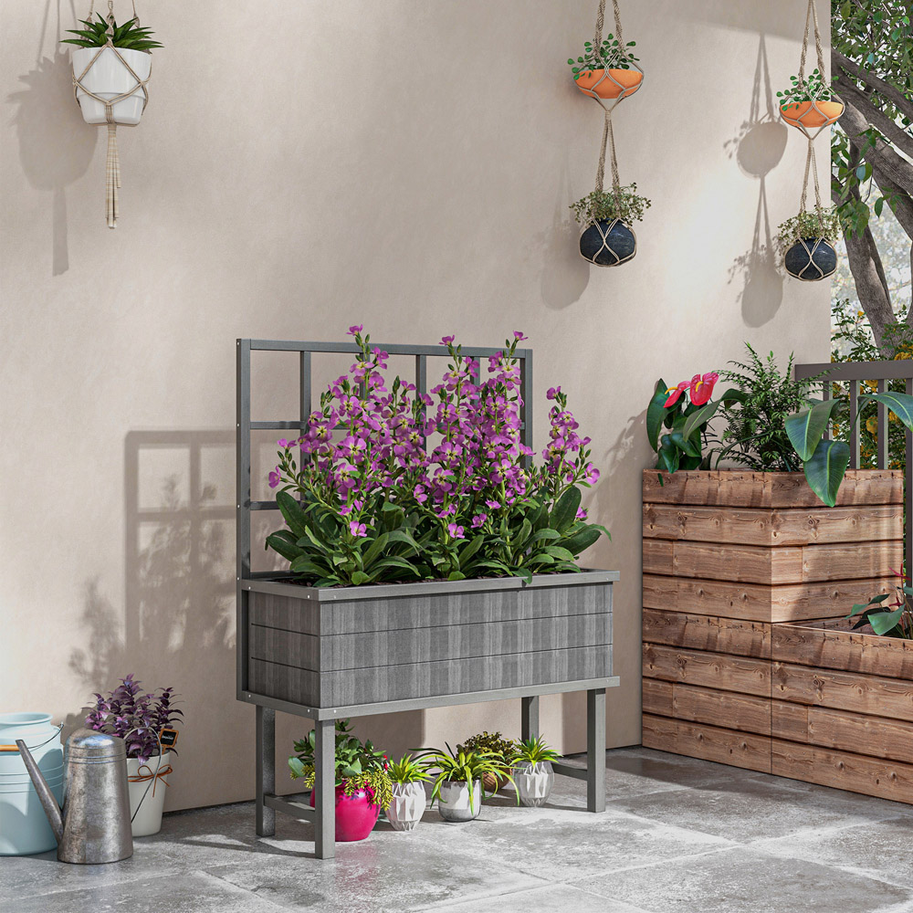 Outsunny Grey Wooden Raised Planter with Trellis Image 2