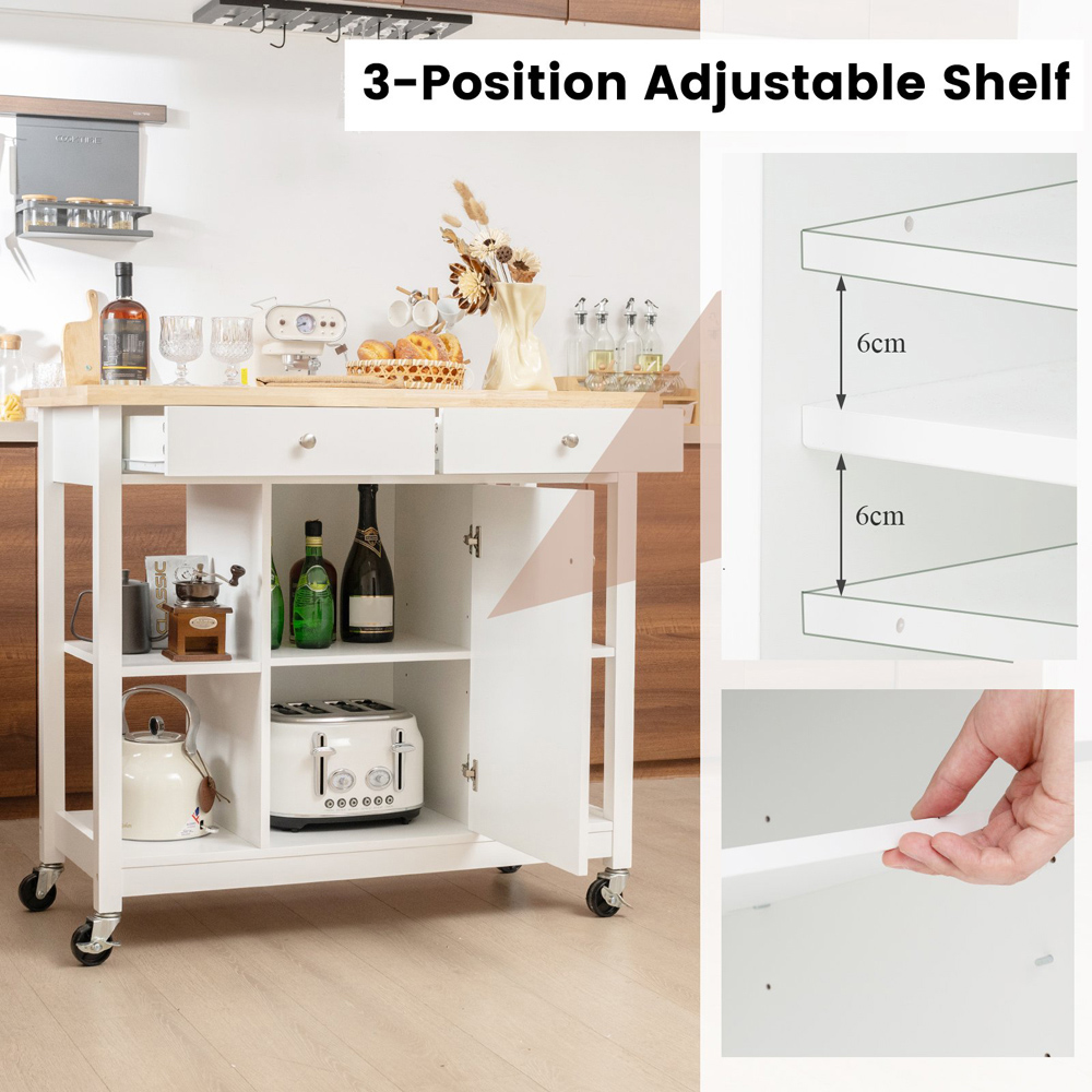 Costway White Rolling Kitchen Island Cart with Rubber Wood Top Image 5