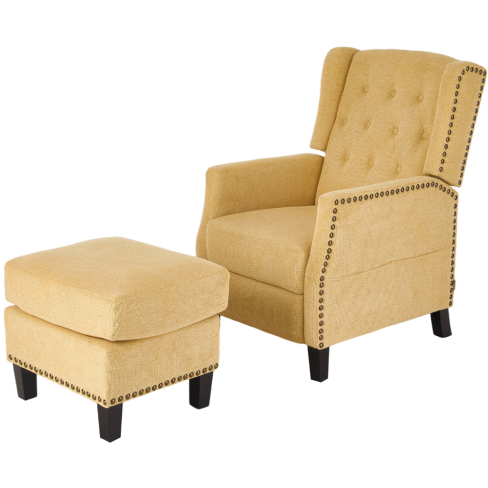 Living and Home Yellow Chenille Pushback Recliner Chair with Footstool Image 2