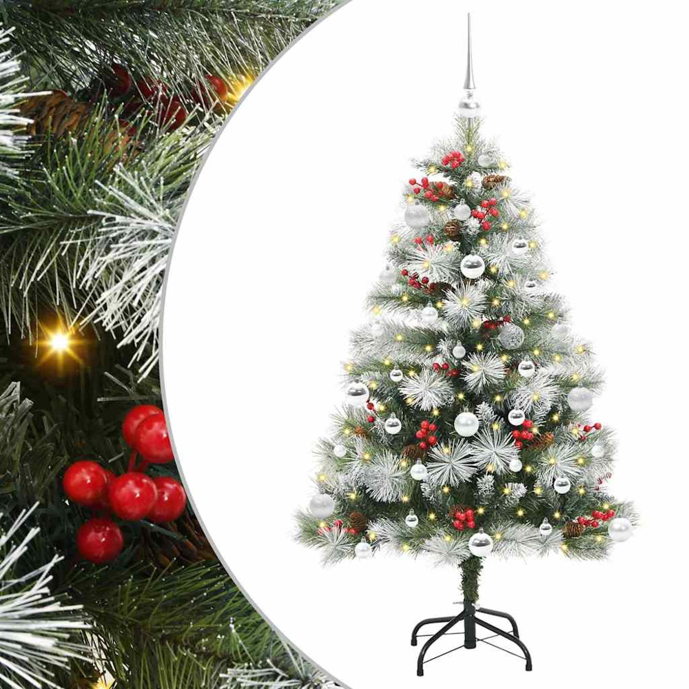 vidaXL Pre-Lit Silver Baubles Green Artificial Snow Flocked Christmas Tree 5ft Image 2