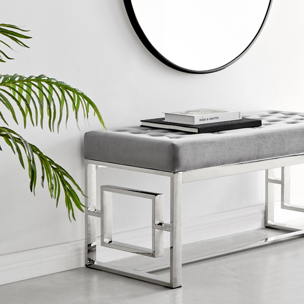 Furniturebox Chester Grey Velvet Bench with Silver Legs Image 5
