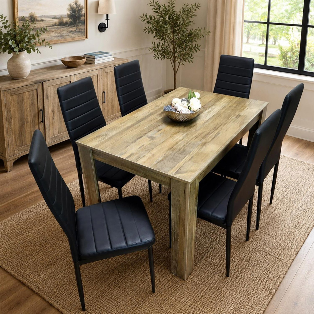 Portland 6 Seater Dining Set Rustic Effect and Black Metal Image 1
