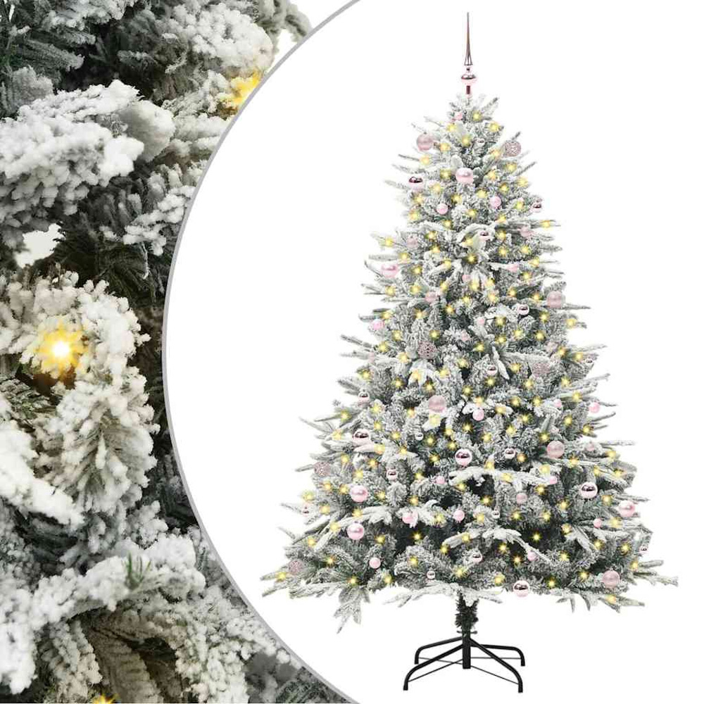 vidaXL 300 LED Pre-Lit Pink Baubles Green Artificial Snow Flocked Christmas Tree 8ft Image 2