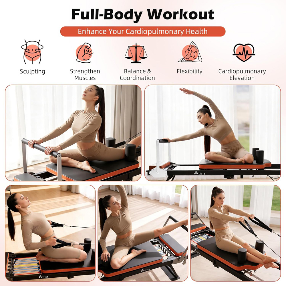 Alivio Foldable Full Body Pilates Reformer Workout Machine with Adjustable Pulley and Foot Pedal Image 4