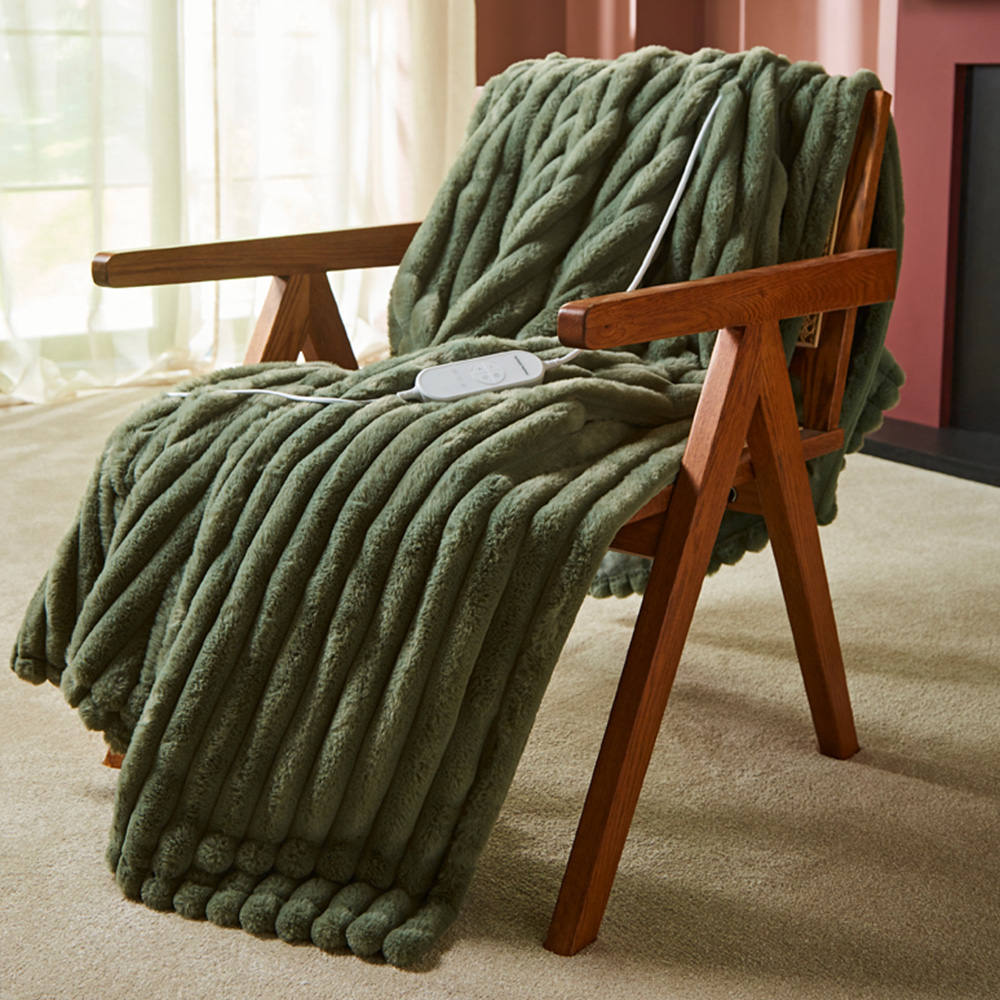 Morphy Richards Green Flannel Fleece and Striped Faux Fur Heated Electric Throw 160 x 130cm Image 9