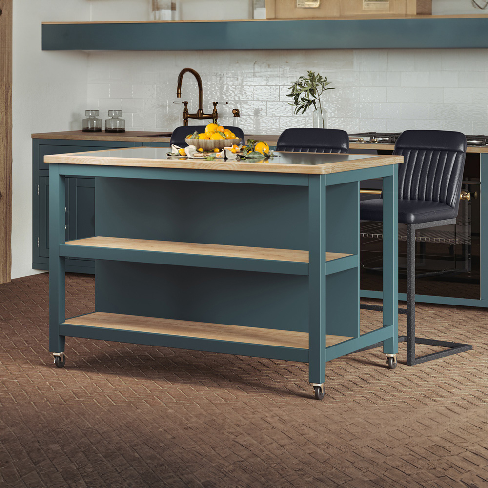 Baumhaus Kitchen Island 2 Shelf Blue Cabinet Open with Breakfast Bar Image 6