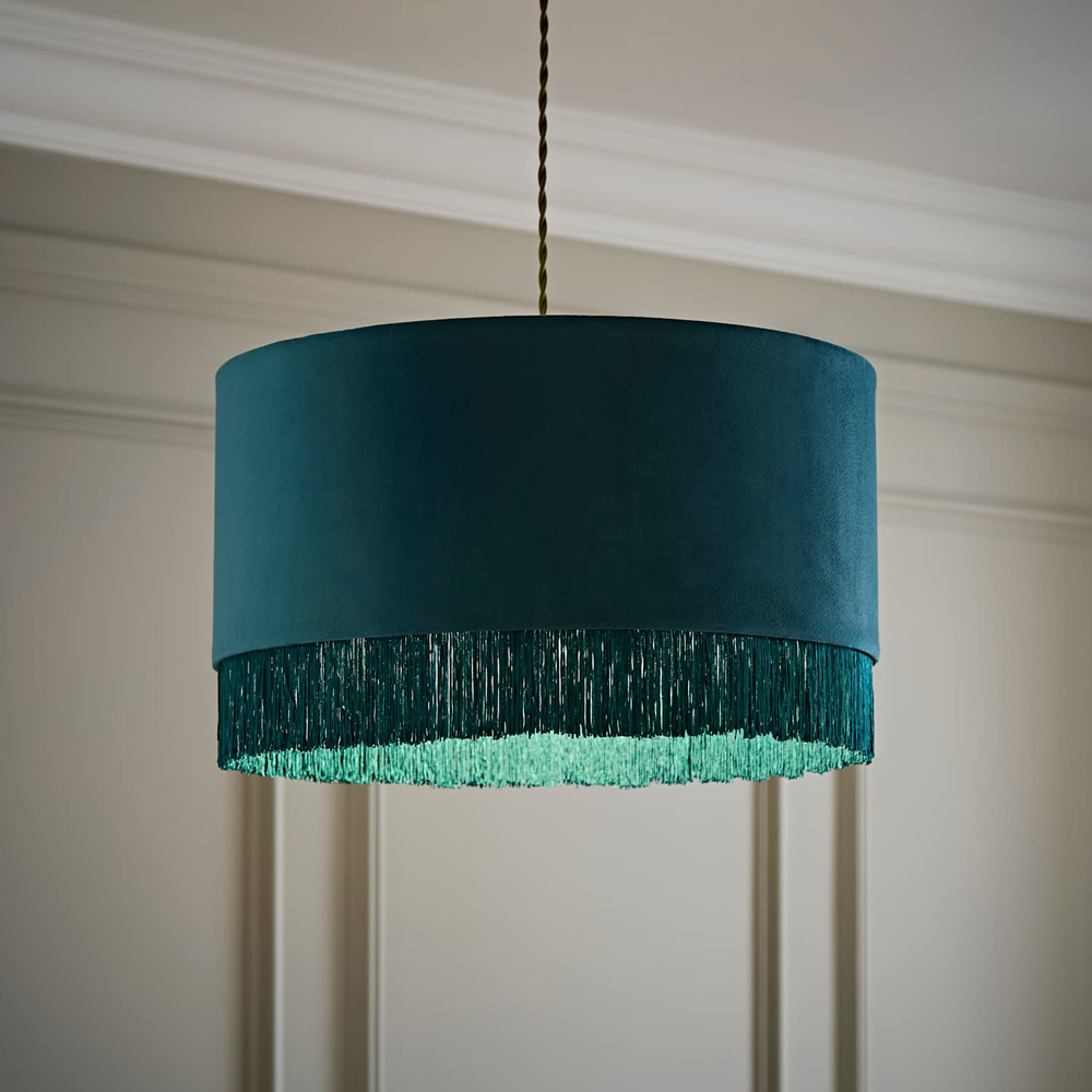 ValueLights Melody Teal Velvet Squat Ceiling Lamp Shade with Fringe Trim Image 6