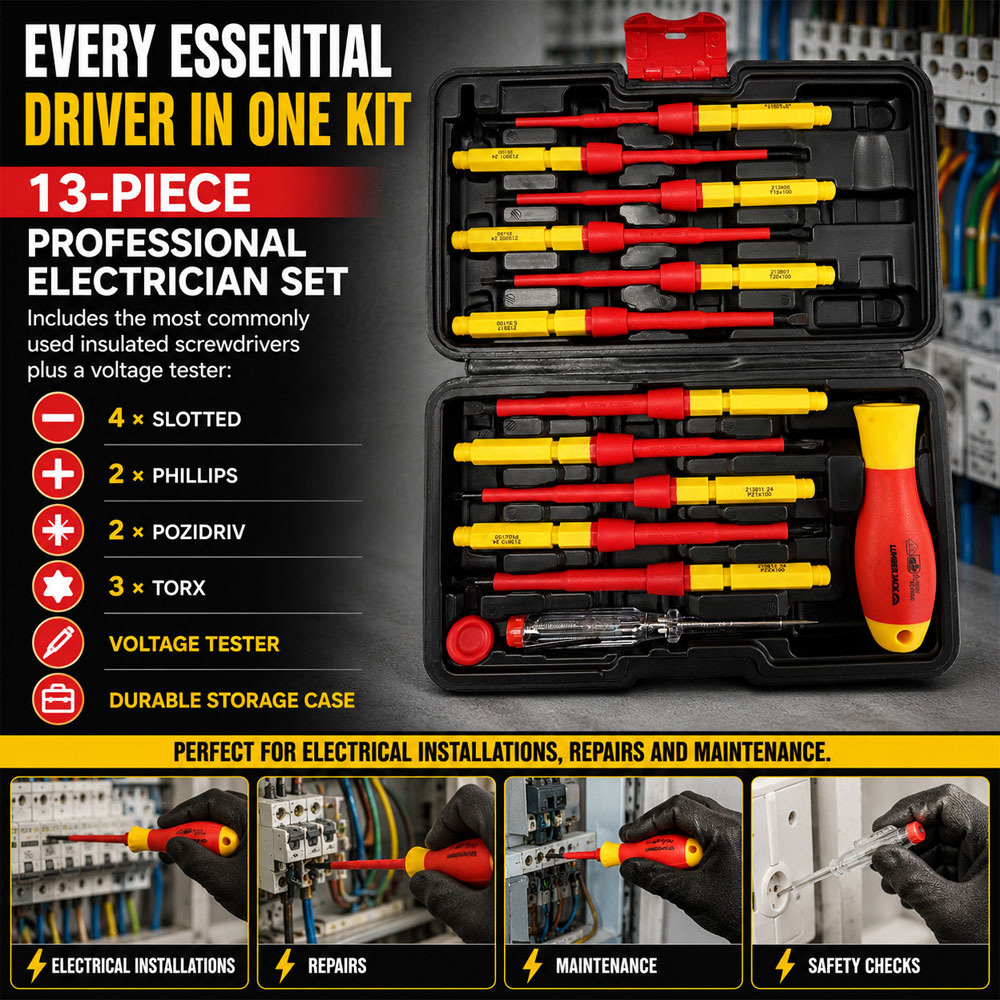 Lumberjack VDE13P 13 Piece VDE Insulated Electrician Screwdriver Set with Magnetic Tips 1000V Image 3
