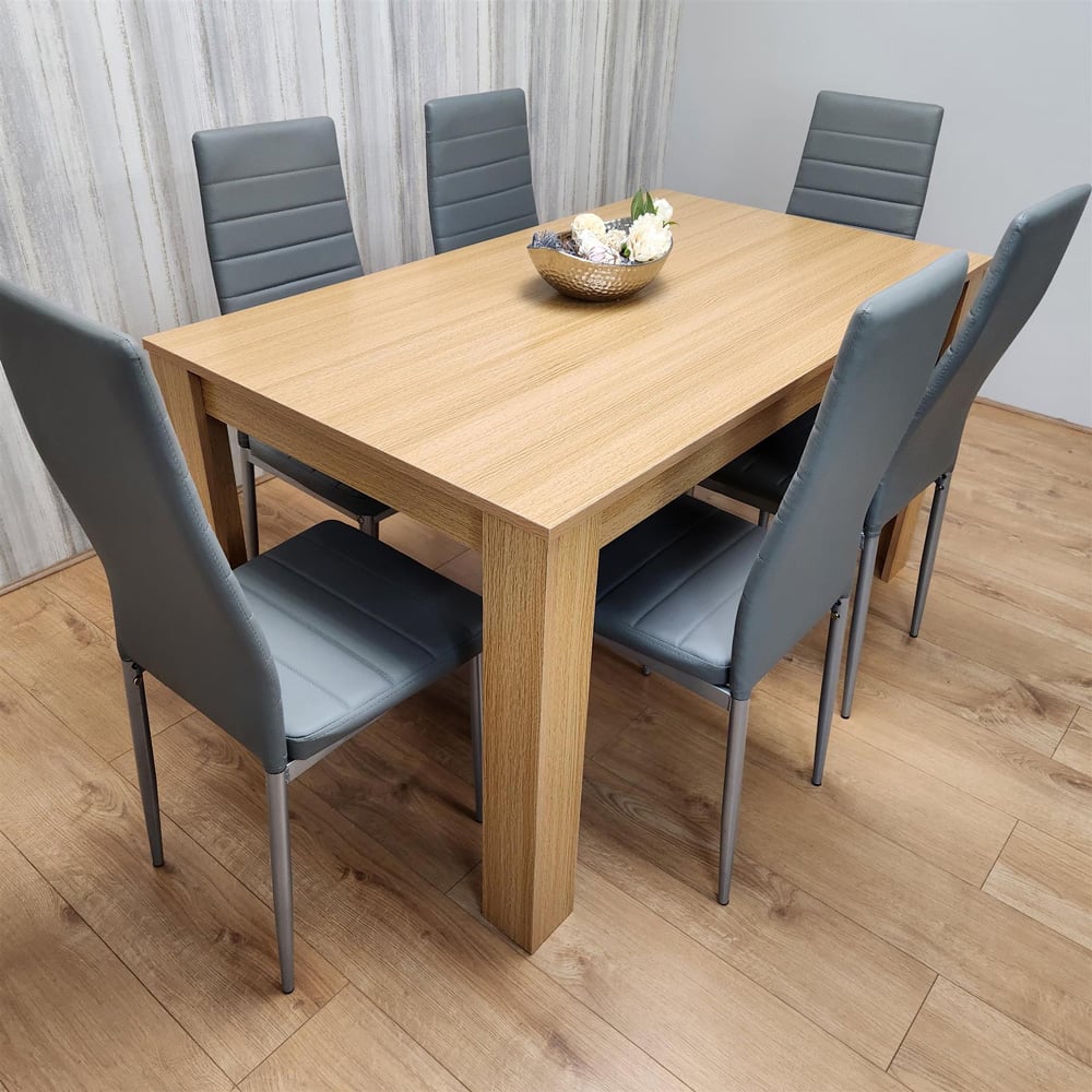 Portland 6 Seater Faux leather Dining Set Wooden Oak Effect and Grey Image 4