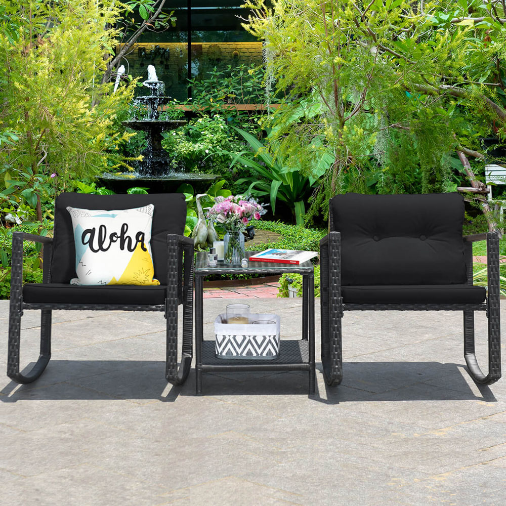 Costway 2 Seater Black PE Rattan Rocking Bistro Set with Cushion Image 6