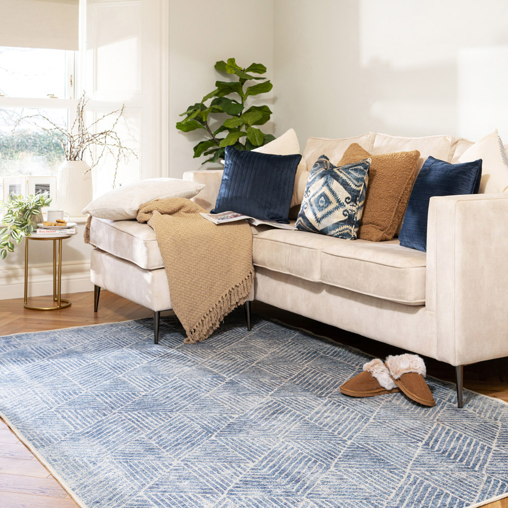 Kukoon Geometric Distressed Denim Blue Washable Rug 160 x 230cm Image 2
