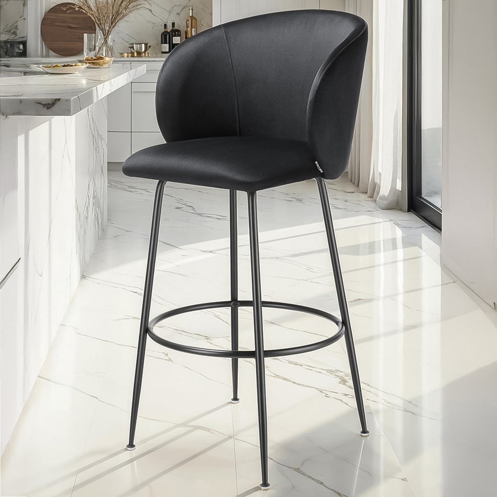 tectake Luana Black Velvet Look Padded Bar Stool Set of 2 Image 1