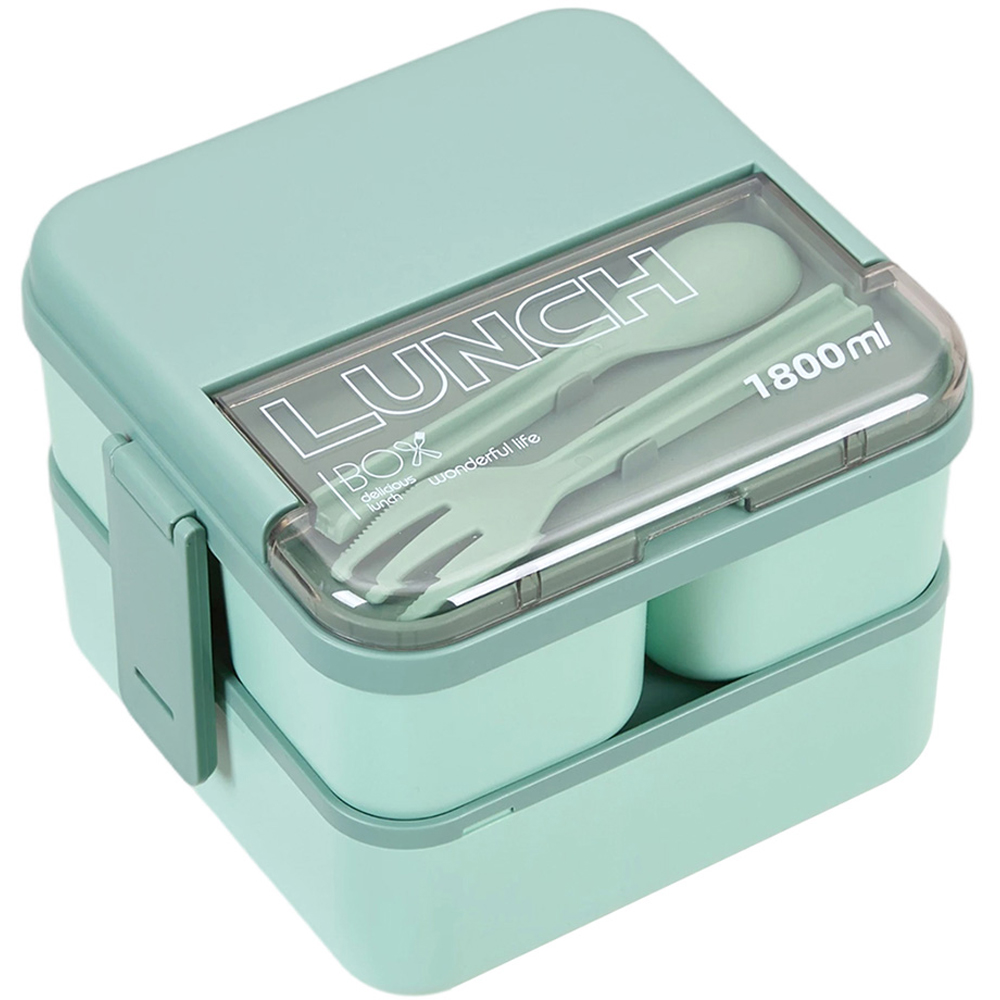 Living and Home 1.8L 2-Tier Green Lunch Box with Cutlery and 3 Top Compartments Image 2