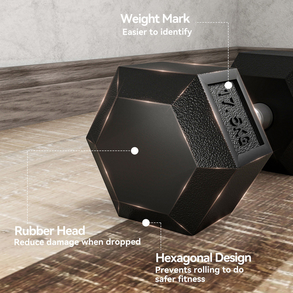 HOMCOM Black Portable Hexagonal Rubber Dumbbell Set 17.5kg 2 Pack Image 8