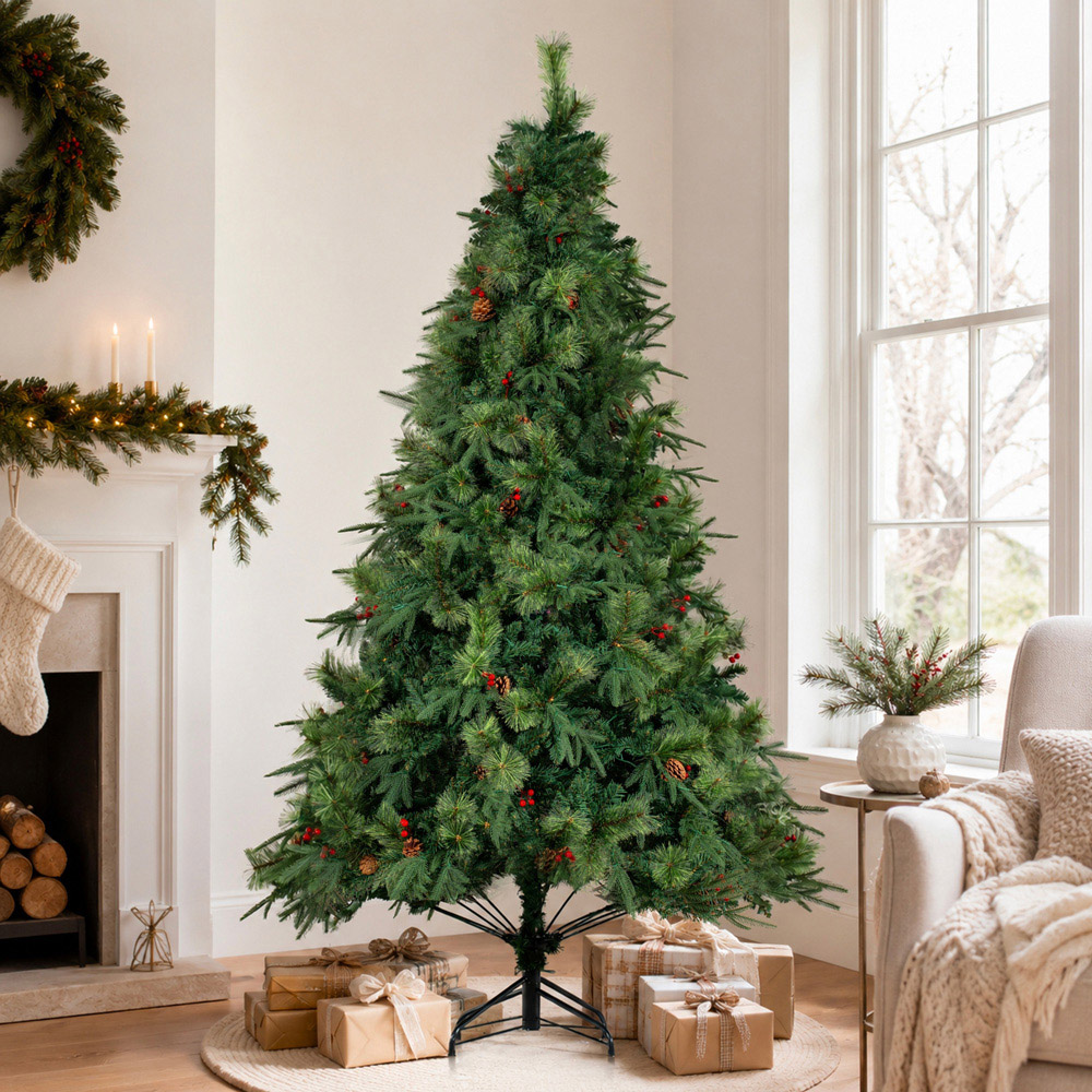 Abrihome Green Artificial Christmas Tree with Blooming Pine Needles Berries and Pinecones 7.5ft Image 2