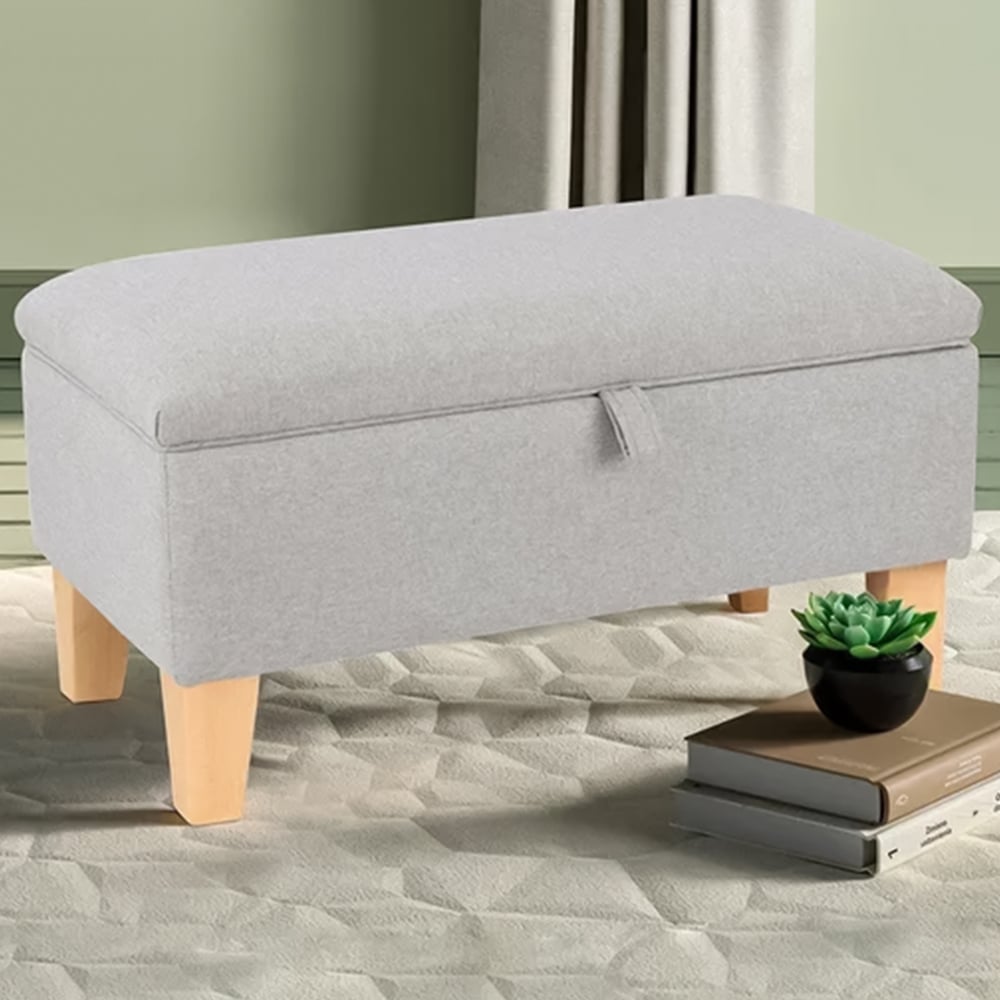 Living and Home Grey Linen Upholstered Storage Ottoman Image 1