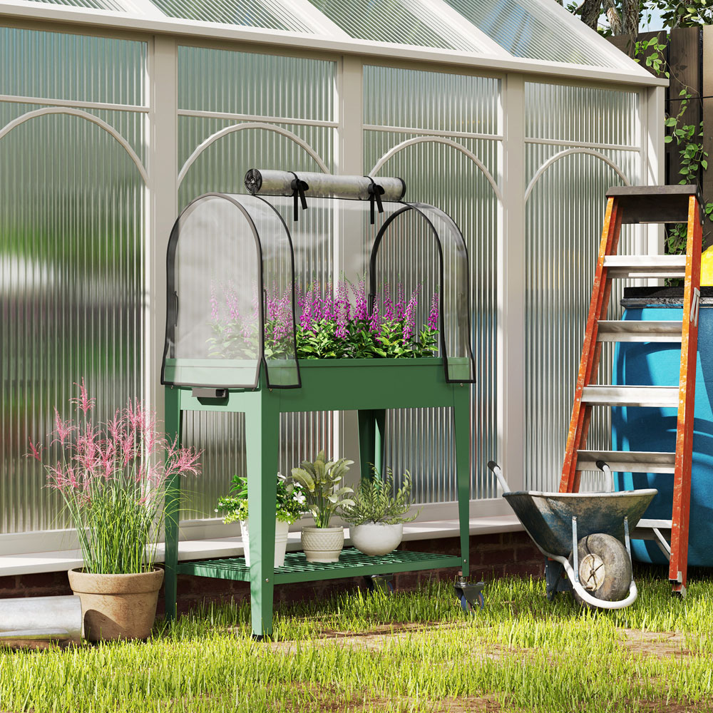 Outsunny Green Mobile Raised Garden Bed with Greenhouse Cover 1.3 x 2.6ft Image 2