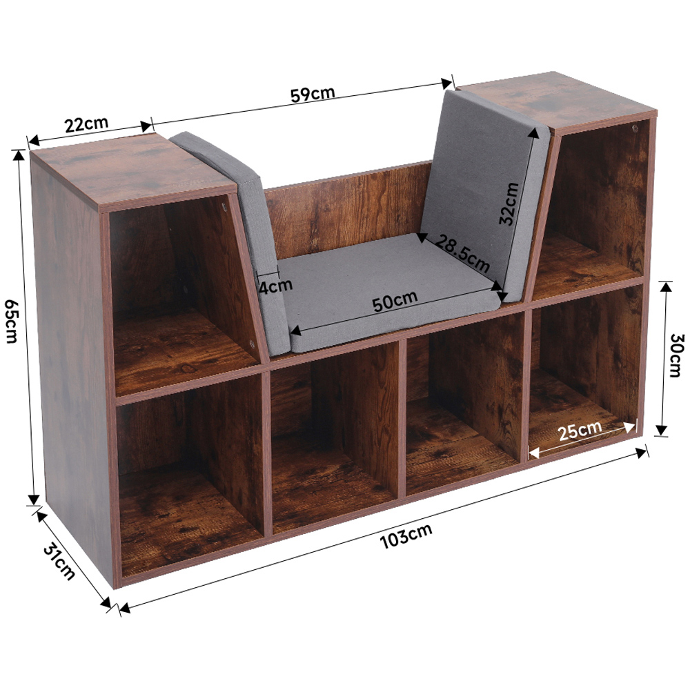 Living and Home 6 Shelf Brown Wooden Bookcase with Reading Seat Image 8