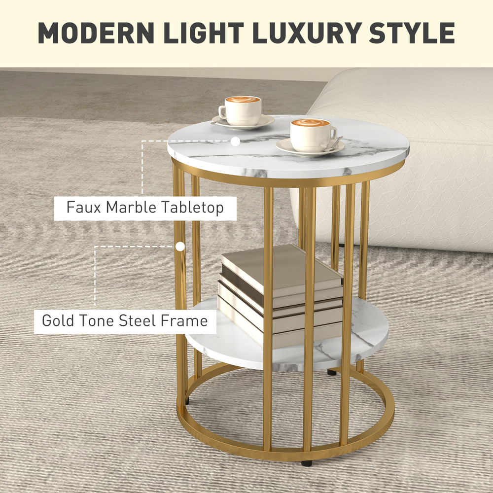 HOMCOM Marble-Effect and Gold Round Coffee Table Set of 2 Image 6