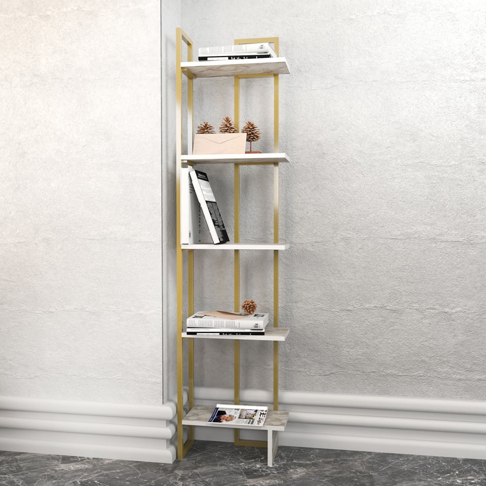 Decorotika Alice 5 Shelf Gold and White Marble Effect Corner Bookshelf Image 4