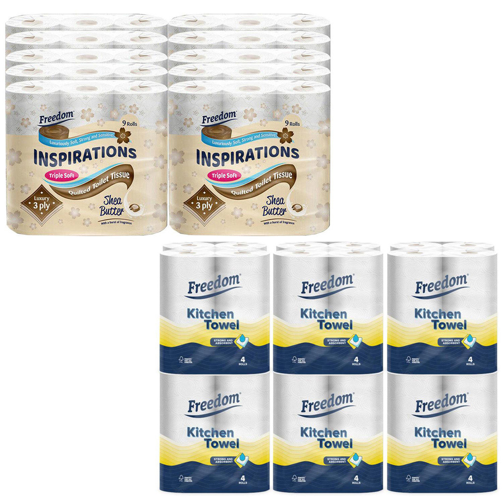 Freedom Shea Butter Toilet Paper 90 Rolls 3 Ply with Kitchen Towel 24 Rolls 2 Ply Image 1
