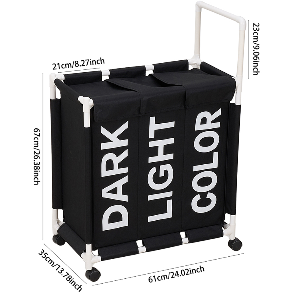 Living and Home 3 Compartment Black Laundry Basket with Wheels 110L Image 8