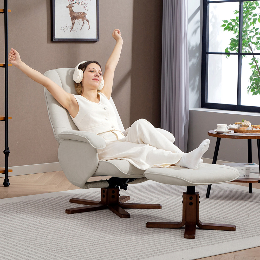 HOMCOM Beige Swivel Recliner Chair with Footstool Image 7