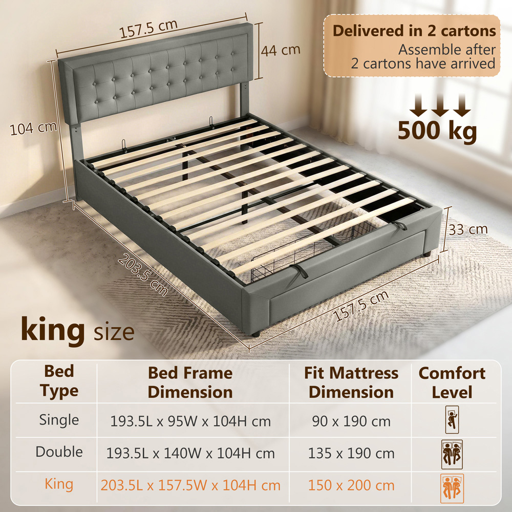 HOMCOM King Size Grey Bed Frame with Storage and Adjustable Headboard Image 8