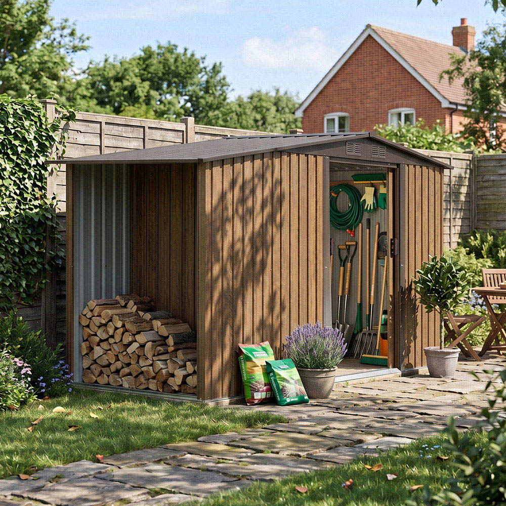 Living and Home 4 x 8ft Wood Grain Finish Apex Garden Shed with Log Storage Image 3