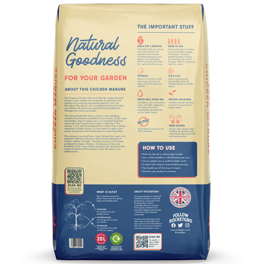 RocketGro Organic Chicken Manure Natural Fertiliser Bag 20L 2 Pack Image 4