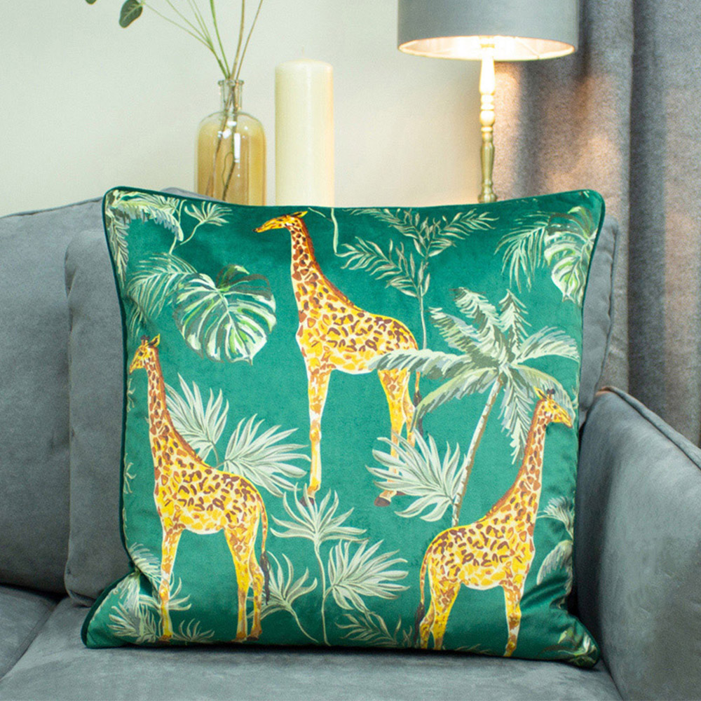 Paoletti Green Giraffe Palm Velvet Cushion Image 2