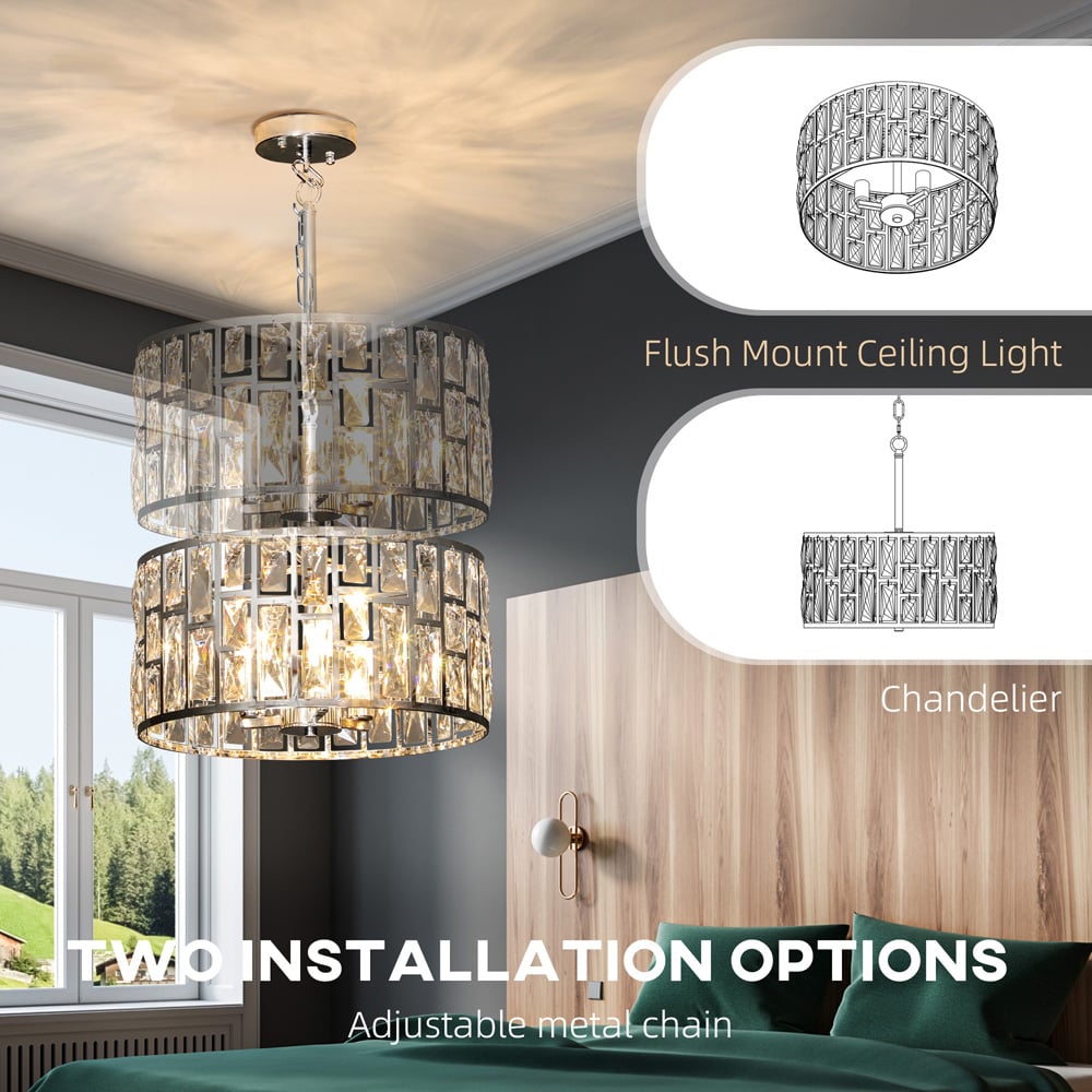 HOMCOM Modern Flush Crystal Chandelier Mount Ceiling Light Image 6