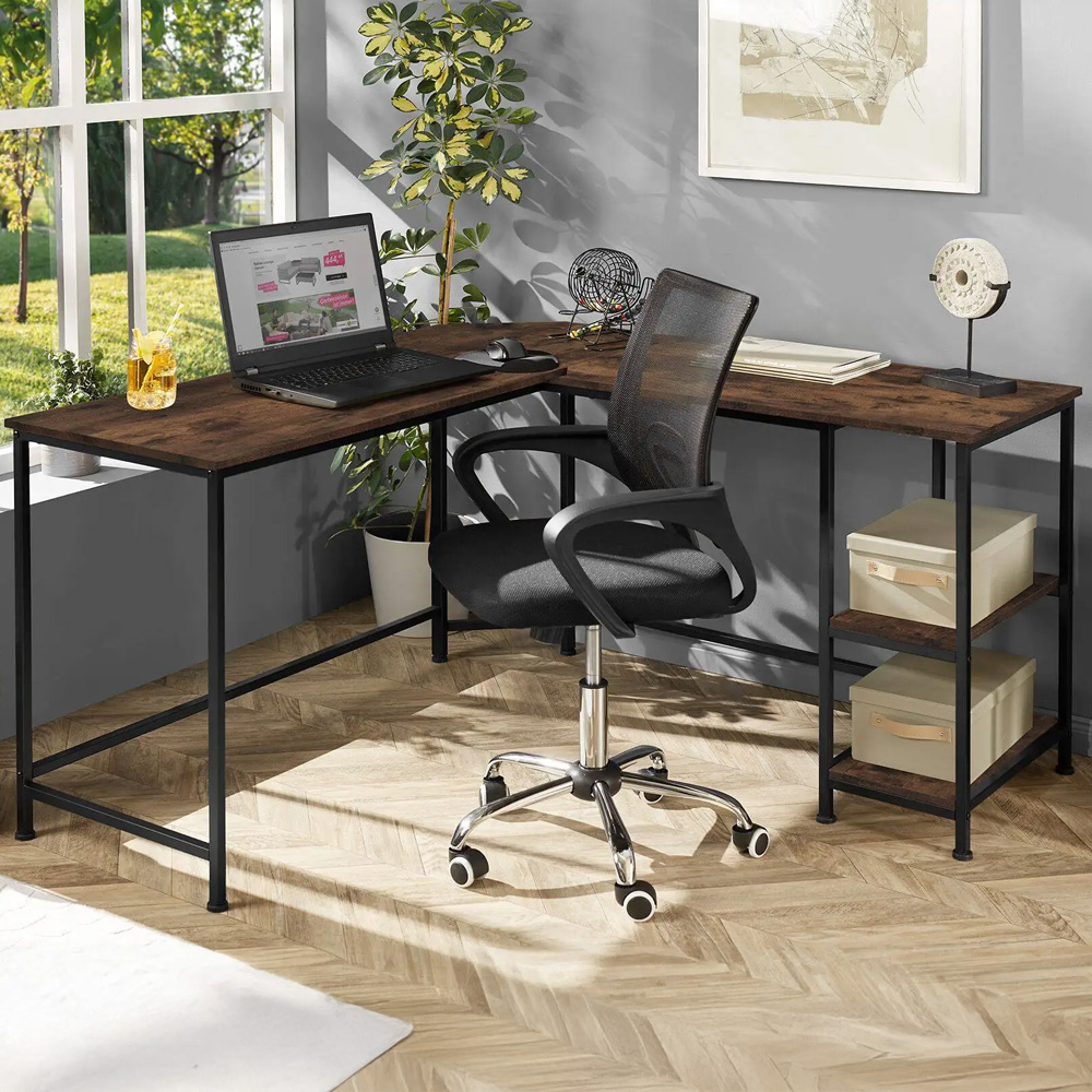 tectake Hamilton 2 Shelf Industrial Dark Wood Corner Desk Image 1