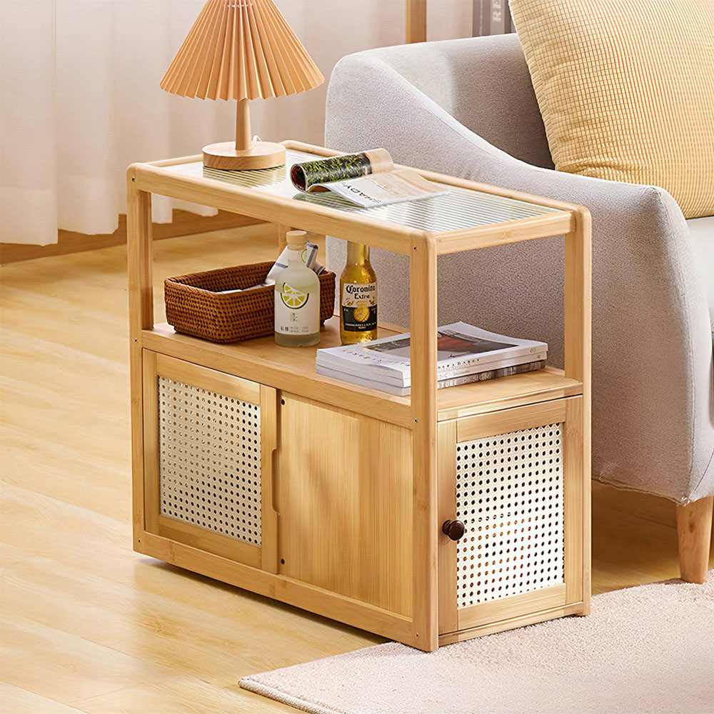 Living and Home 2 Tier 2 Door Wooden Glass Side Table with Wheels Image 3