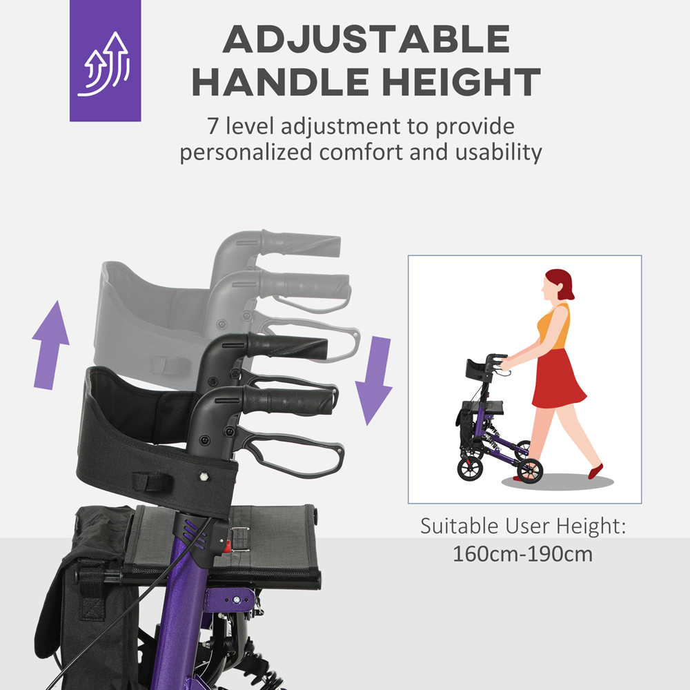 HOMCOM Purple 4-Wheel Foldable Rollator Walker with Suspension Seat and Storage Bag Image 6