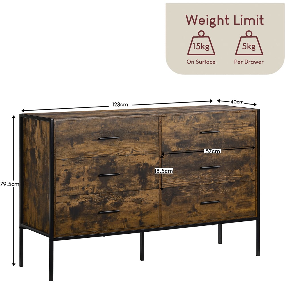 Vida Designs Brooklyn 6 Drawer Dark Wood Rustic Metal Frame Chest of Drawers Image 8
