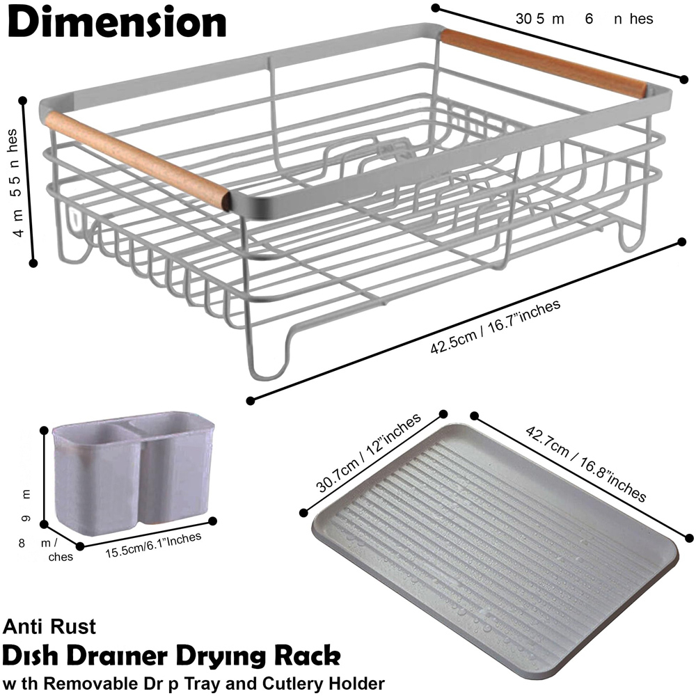 ATEK Grey Wooden Handle Dish Drying Rack with Drain Tray and Cutlery Holder Image 9