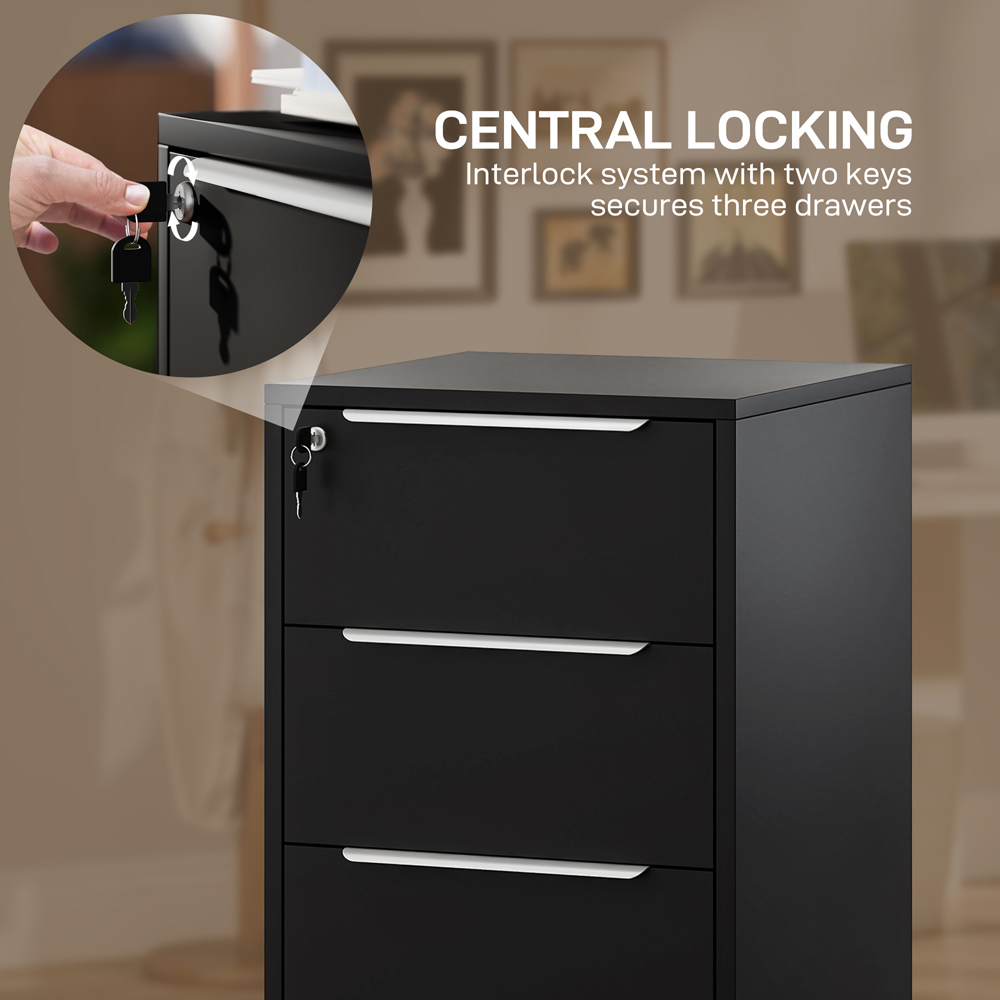HOMCOM 3 Drawer Black Lockable Mobile Filing Cabinet Image 8