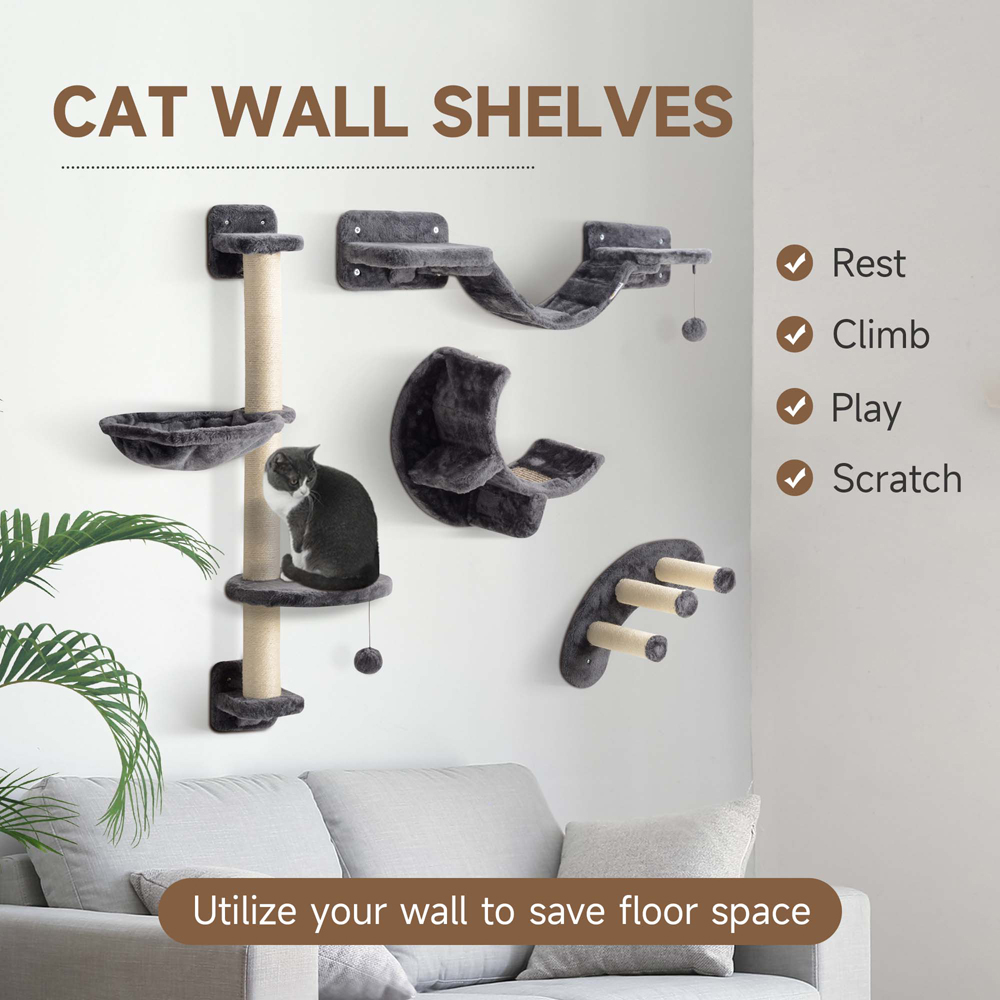 PawHut Dark Grey 4 Piece Cat Wall Furniture Set Image 5
