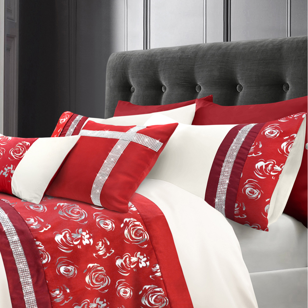 Intimates Geneva King Size Red Floral Duvet Cover Set Image 5