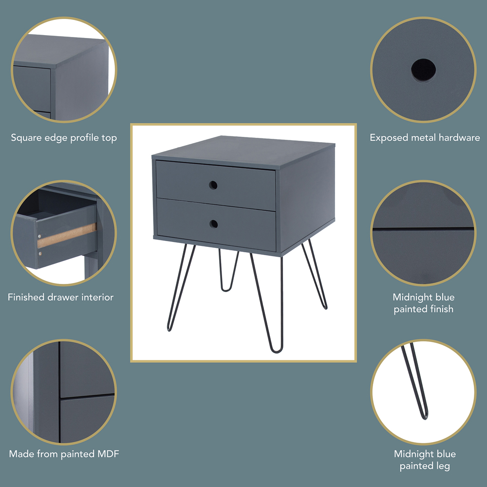 Telford 2 Drawer Midnight Blue Metal Legs Bedside Table Image 7