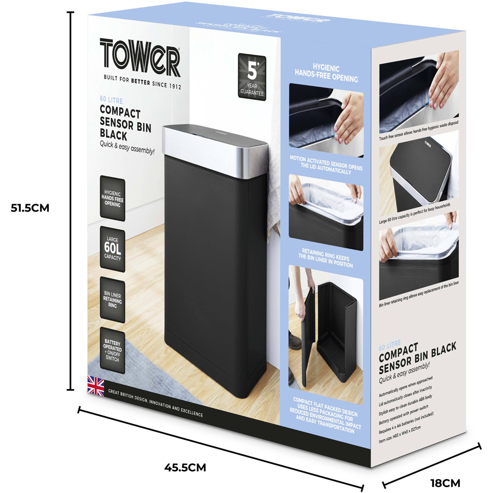 Tower Black Compact Sensor Bin 60L Image 8