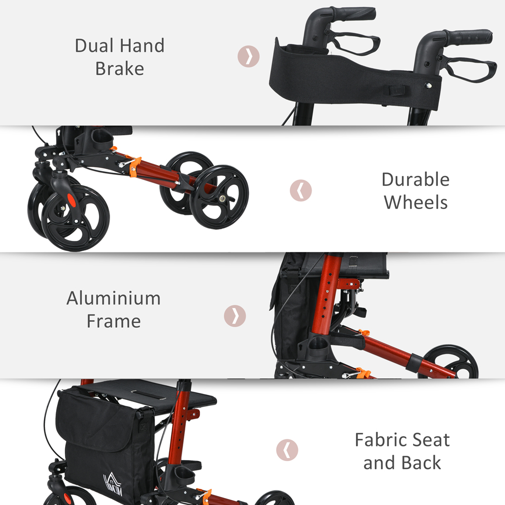 HOMCOM Red 4-Wheel Foldable Rollator Walker with Seat and Storage Bag Image 6