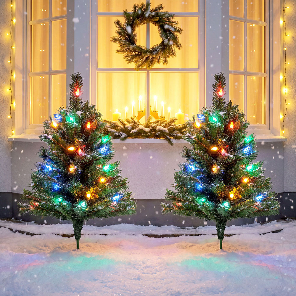 HOMCOM 60 Multicolour LED Pre-Lit Green Artificial Christmas Tree with Ground Stakes 2ft 2 Pack Image 2