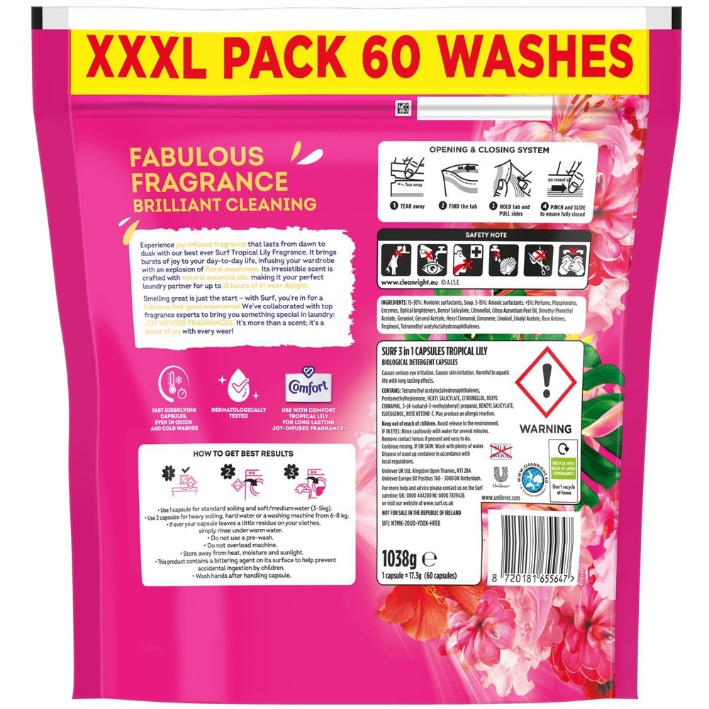 Surf 3-in-1 Tropical Lily Washing Capsules XXXL 60 Washes 3 Pack Image 4