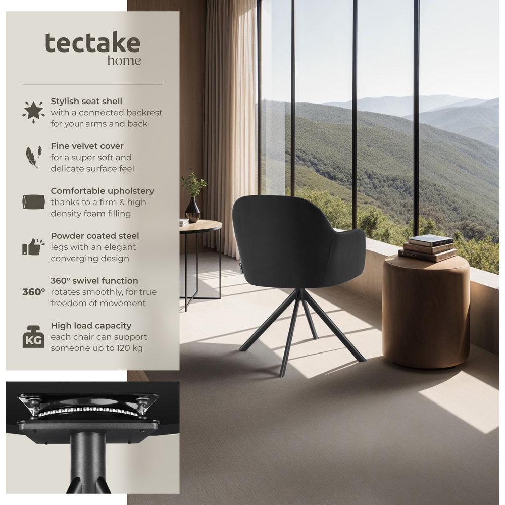 tectake Lona Set of 4 Black Velvet Upholstered Swivel Armchair Image 6