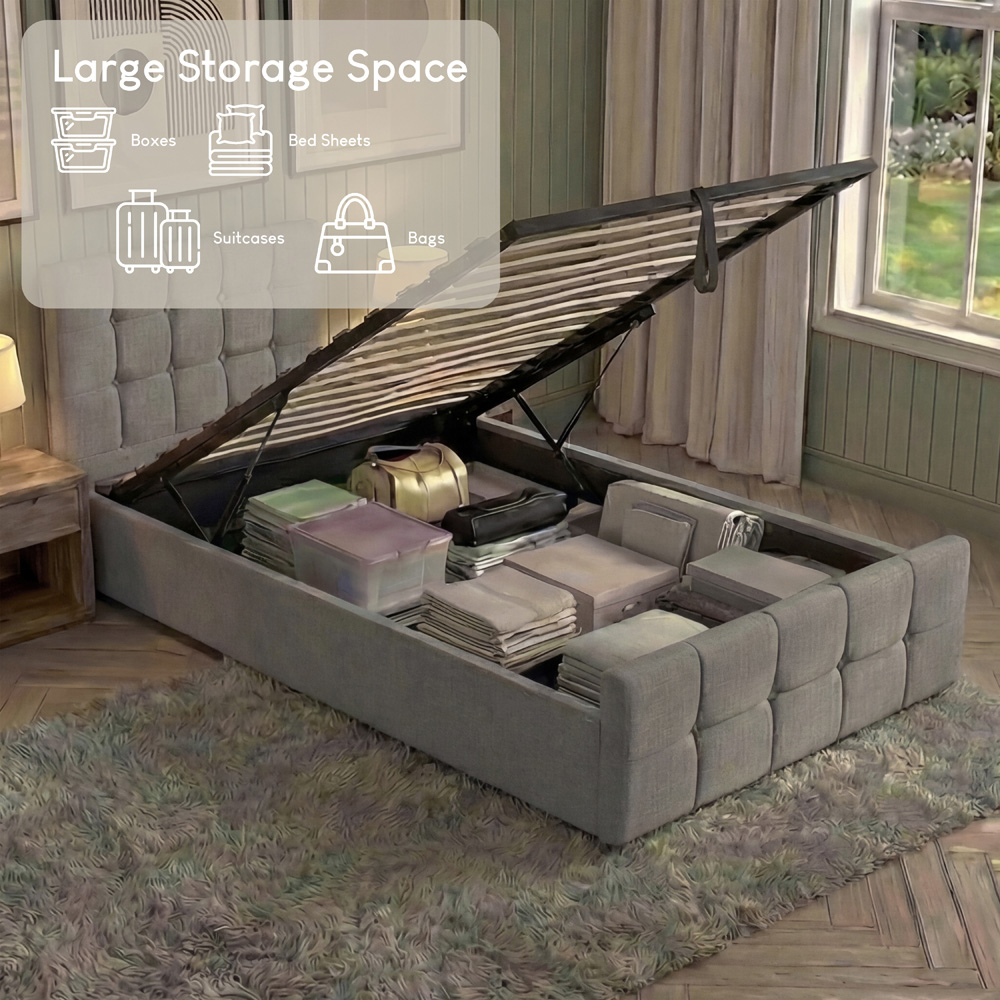VIDA DESIGNS Valentina Single Light Grey Linen Ottoman Bed with Padded Headboard Image 5
