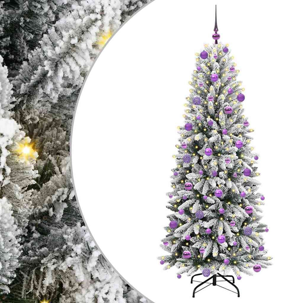 vidaXL Pre-Lit Lilac Baubles Artificial Snow Flocked Christmas Tree 6ft Image 2