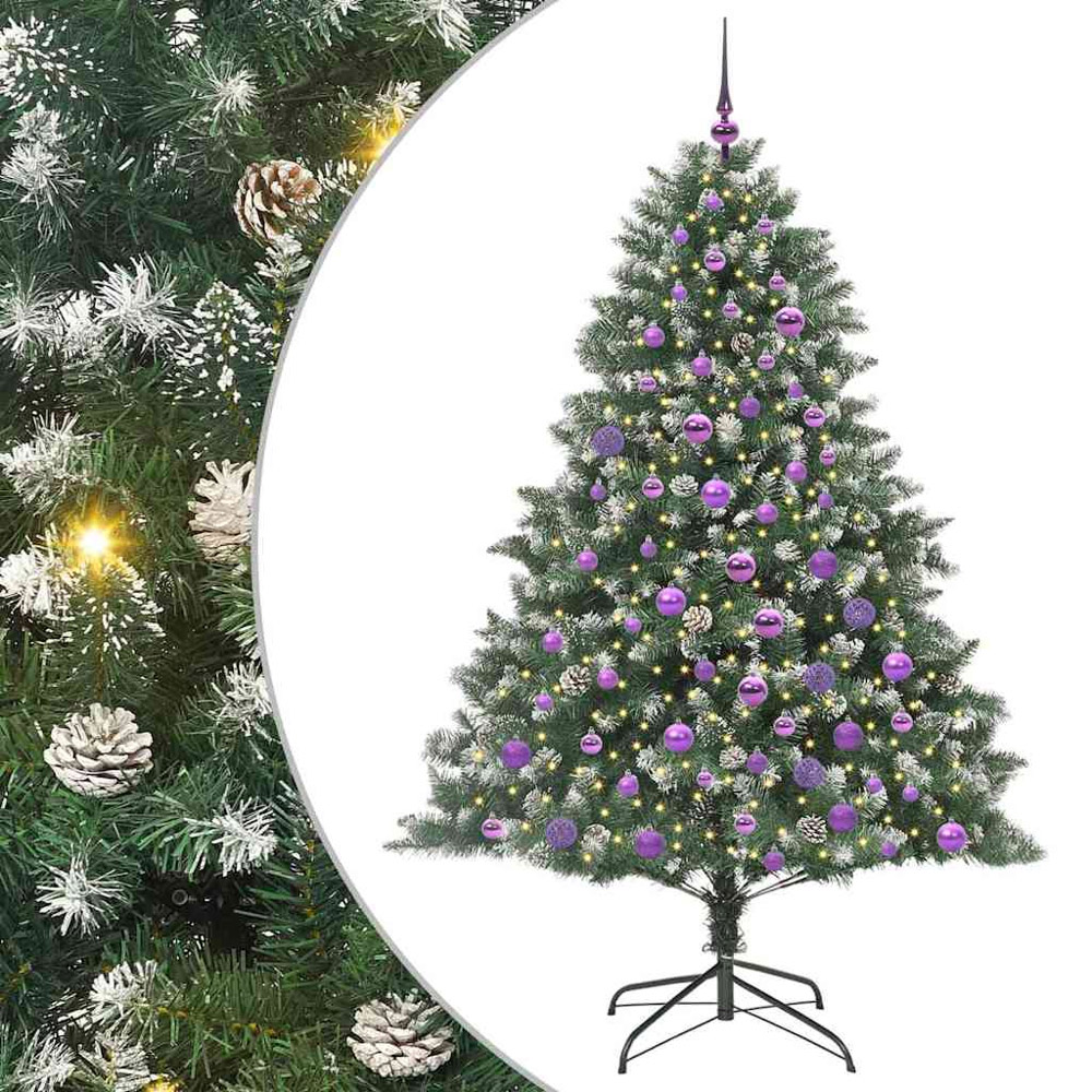 vidaXL Pre-Lit Lilac Baubles Green Artificial Snow Tipped Christmas Tree 6ft Image 2